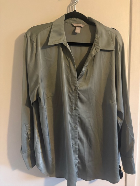 H&M Tops - H&M Olive Green Satin-Look Button Shirt